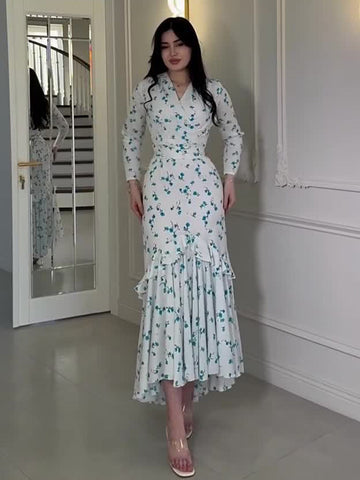 2025 Gentle Wind Small Fresh Flowers And Leaves Side Long Dress Woman